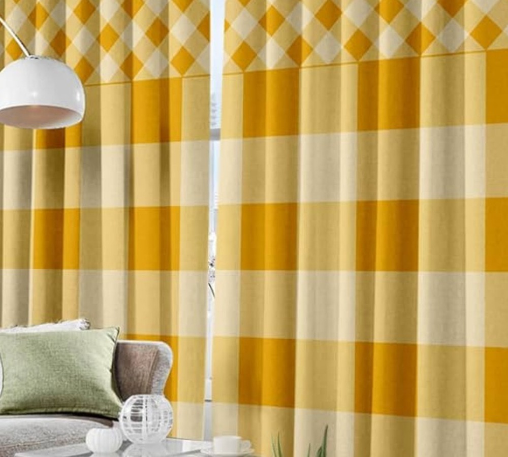Detail of golden checked handloom curtain