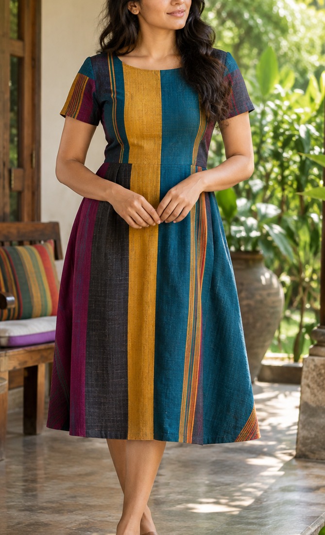 Detail of handloom dress fabric and silhouette