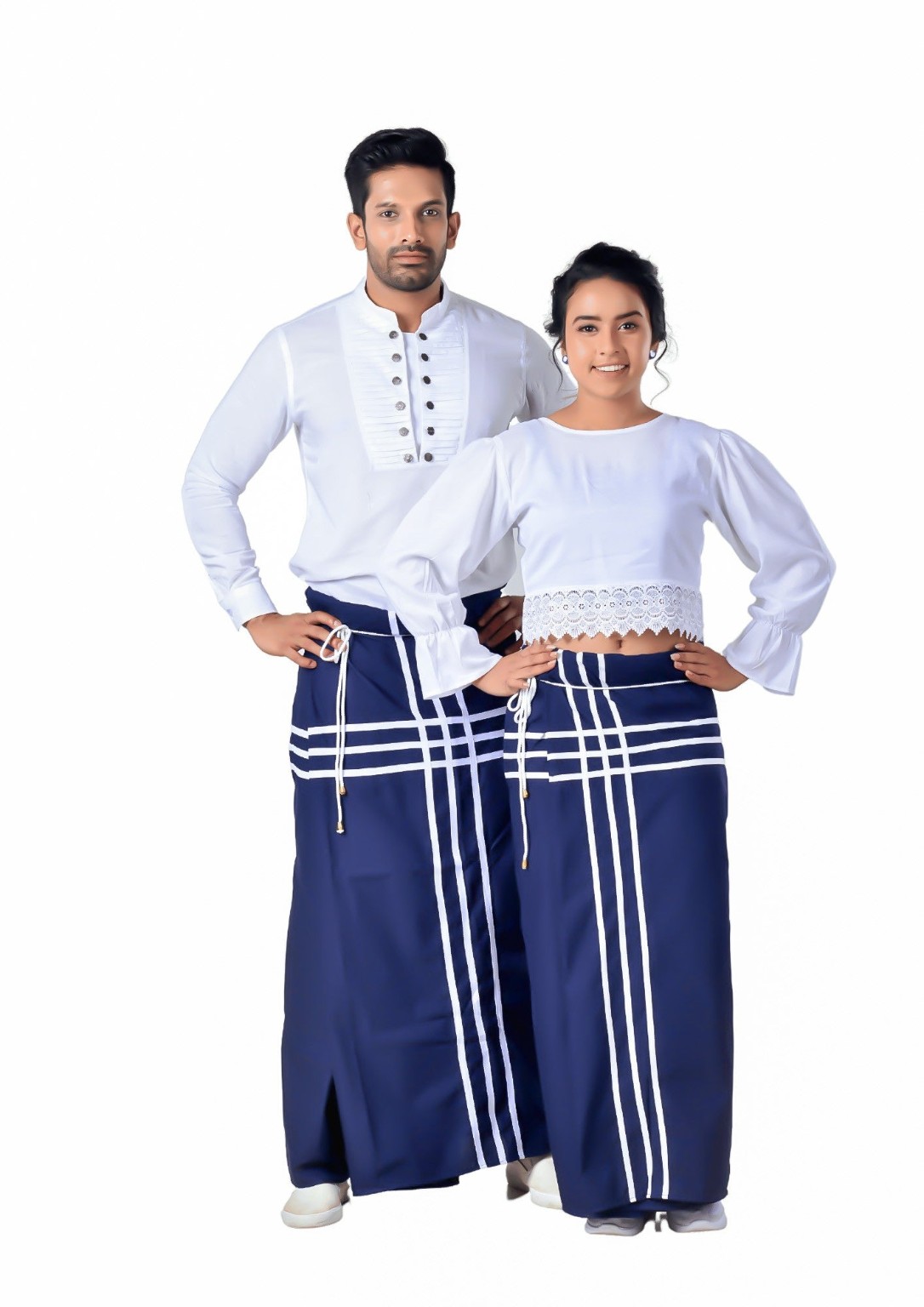 Couple wearing coordinated Sri Lankan handloom clothing