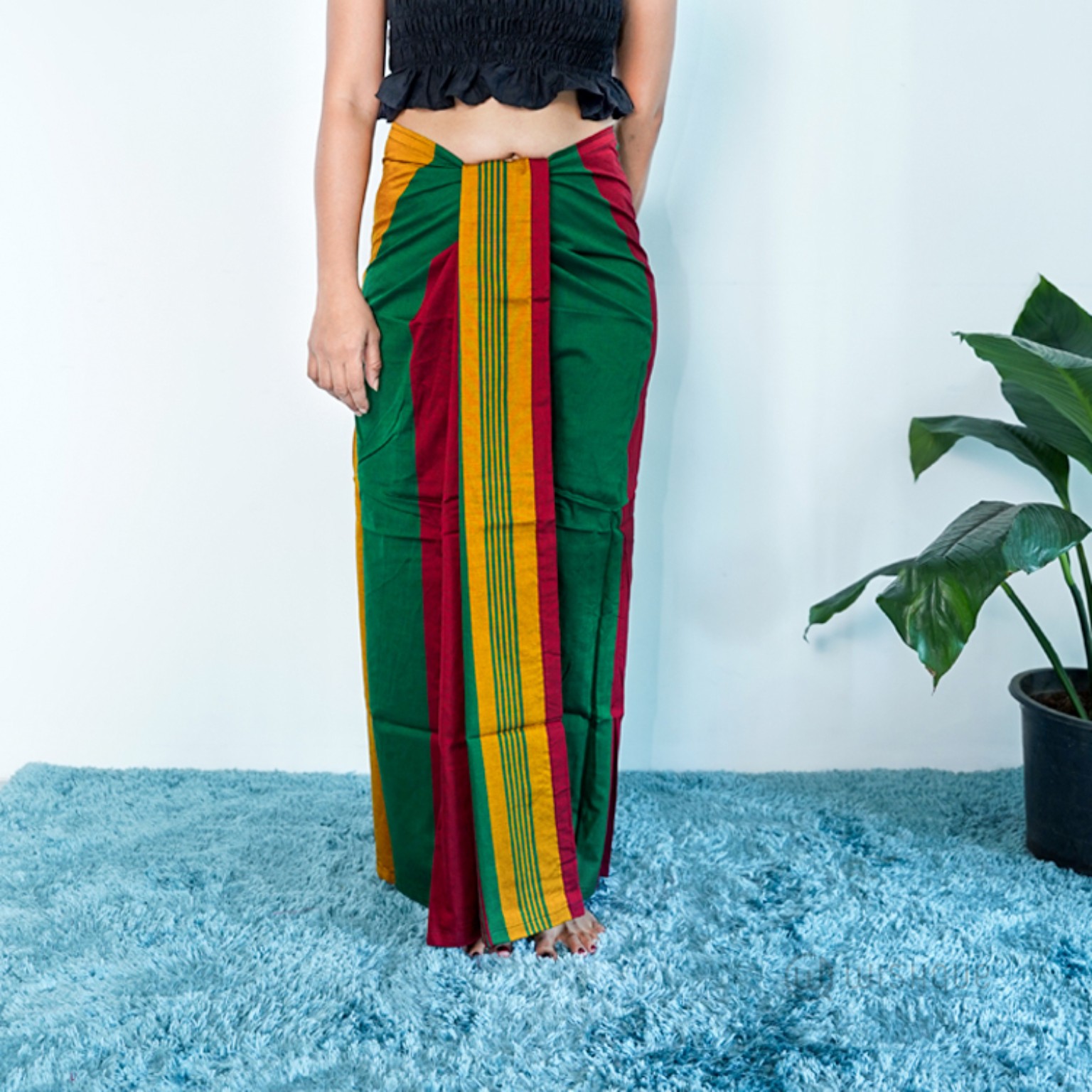 Colourful Sri Lankan handloom lungi with green, red and mustard stripes
