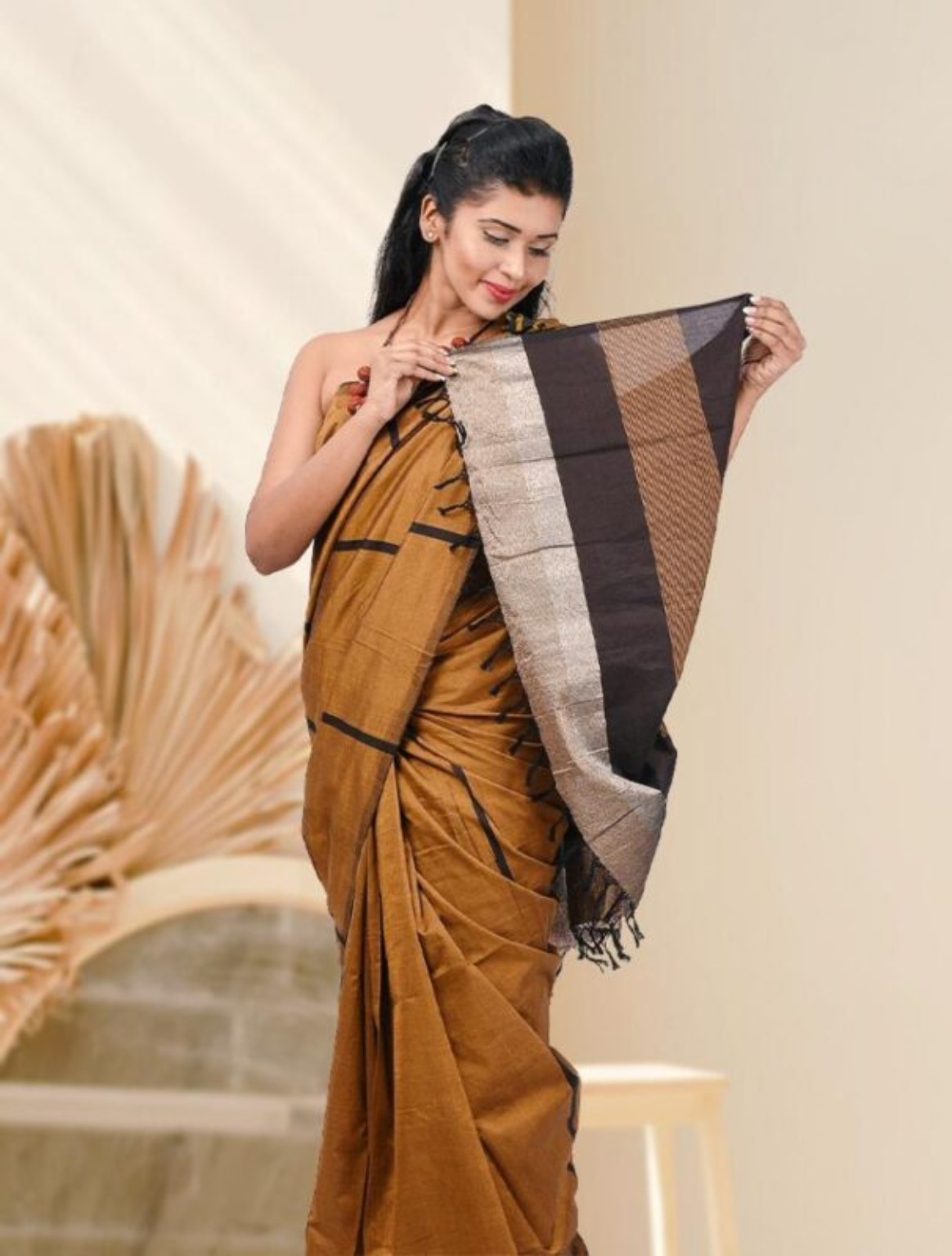 Sri Lankan handloom saree in warm earth tones
