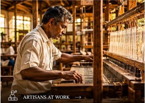 Artisan weaving handloom fabric on a traditional loom