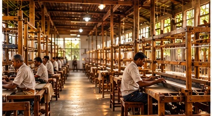 Handloom workshop with artisans working at traditional looms